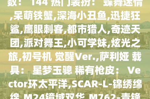 實名： 可修改 時裝數： 627 載具數： 1 槍械數： 202 戰備數： 144 熱門裝扮： 蝶舞迷情,呆萌鐵蟹,深海小丑魚,迅捷狂鯊,鷹眼刺客,都市獵人,奇跡天團,派對舞王,小可學妹,炫光之旅,初號機 覺醒Ver.,薩利婭 載具： 星夢玉驄 稀有槍皮： Vector環太平洋,SCAR-L-錦繡綿綿,M24鏡域雙華,M762-青鋒波束,GROZA-鏡光銀凌,AUG-許七安,Kar98K-巳巳如意